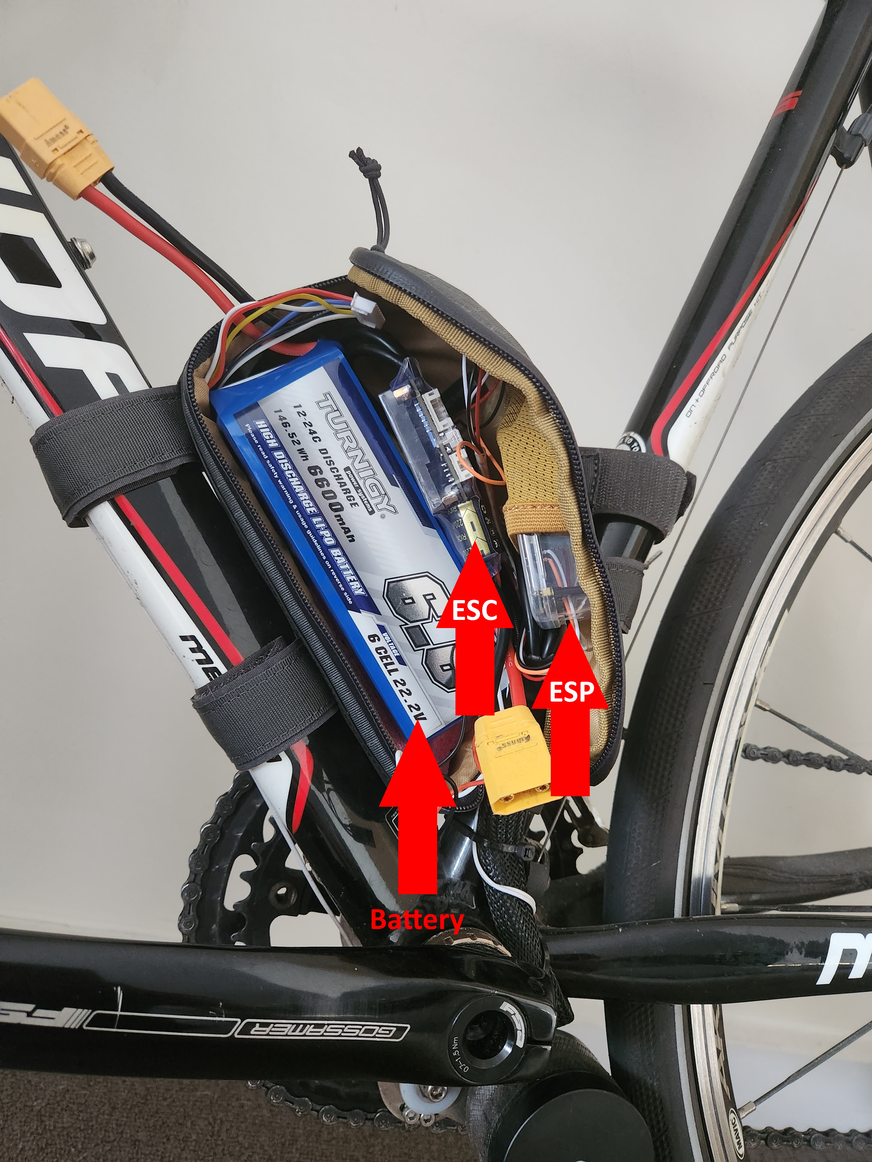 Hardware and battery mounted on bike frame